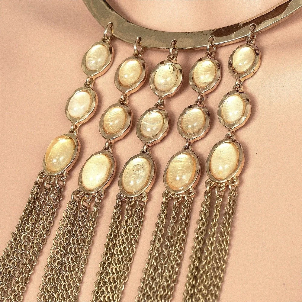 Gold Tone Collar Bib Necklace Faux Moonstone Tassel‎ Fringe Statement